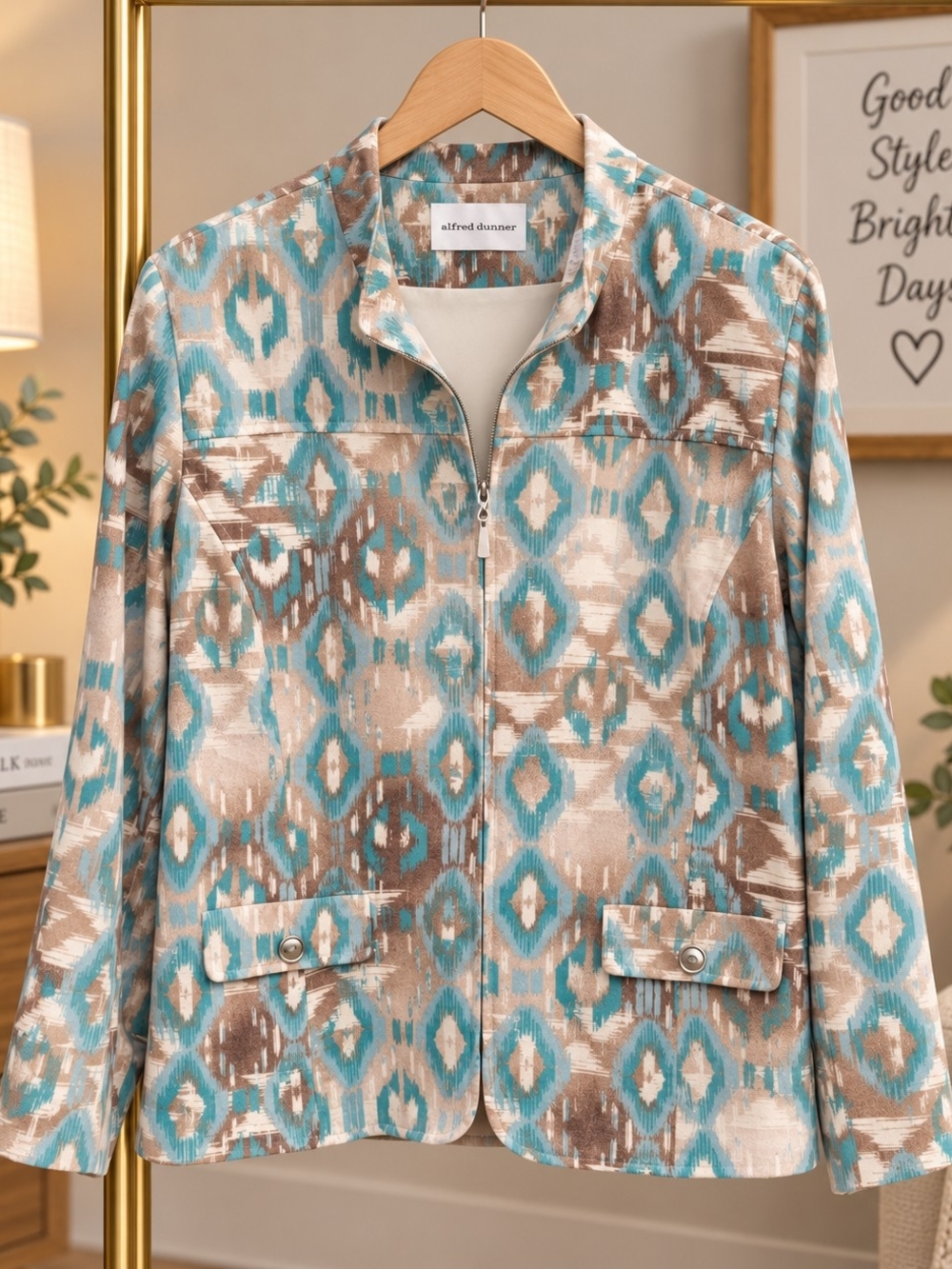 Alfred Dunner Women's 14 Teal Tan Geometric Zip Front Jacket Lined